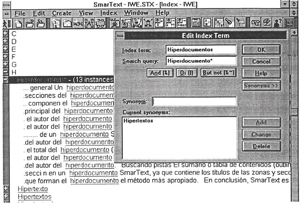 Las entradas del índice analítico pueden mostrar el contexto de cada término con un clic de ratón.